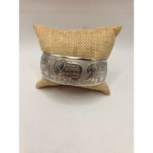 1874. Vintage Boho Tibetan Silver Tone Elephant Parade Wide Cuff Bangle Bracelet